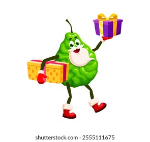 Cartoon bergamot Christmas and New Year winter tropical fruit character joyfully carries gifts. Isolated vector personage adorned with red festive attire, spreading holiday cheer and spirit of giving