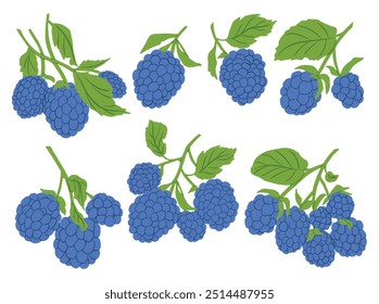 Cartoon berries branch icons vector set. Illustration of colored fruits for design farm product, market label vegetarian shop.