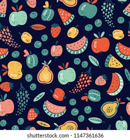 Cartoon Berries and Fruits Vector Seamless Pattern. Colorful Fruit Wallpaper. Healthy Summer Food Background