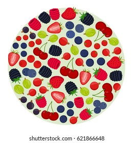 Cartoon berries menu. Raspberry, blackberry, gooseberry, red currant, black currant. Flat vector style.