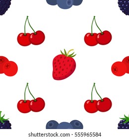 Cartoon berries pattern. Strawberry, blueberry, cranberry, cherry, blackberry. Flat vector style.