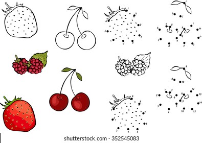 Cartoon berries. Vector illustration. Coloring and dot to dot educational game for kids