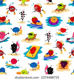 Cartoon berry character on summer vacation seamless pattern. Vector background with honey berry, blueberry, cranberry, raspberry and birds cherry. Strawberry, rosehip, blackberry, gooseberry on beach