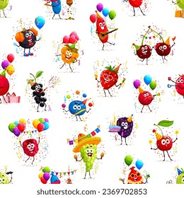 Cartoon berry characters on birthday holiday, seamless pattern. Cute strawberry, cherry, cranberry and raspberry fruit vector personages background. Berries with cake, party hats, balloons, confetti