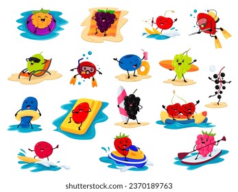 Cartoon berry characters on summer vacation. Funny vector cloudberry, blackberry or grapes, cherry, rosehip or honeyberry. Cranberry, strawberry, raspberry and bird cherry personages holiday activity