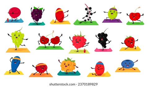 Cartoon berry characters on yoga fitness sport. Vector cranberry, blackberry, rosehip and birds cherry. Gooseberry, grapes, raspberry or strawberry. Honey berry, barberry, cloudberry and blueberry