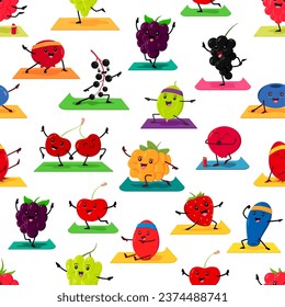 Cartoon berry characters on yoga fitness, seamless pattern. Vector background with blueberry, rosehip, blackberry and gooseberry. Cranberry, cherry, strawberry and birds cherry exercising on mats