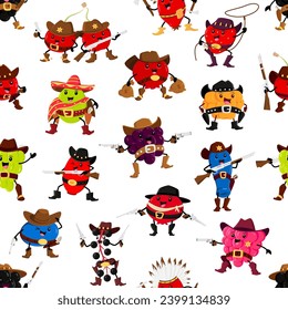 Cartoon berry cowboy, sheriff, ranger and robber characters seamless pattern. Vector background with grape, blueberry, cranberry, honey berry and cherry. Strawberry, rosehip, blackberry or gooseberry