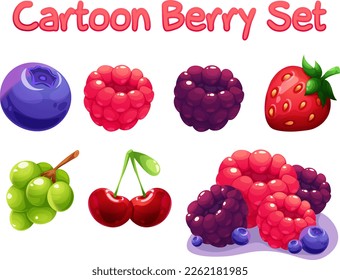 Juego de cerezos de dibujos animados. Arándanos, frambuesas, moras, fresas, uvas y cerezas