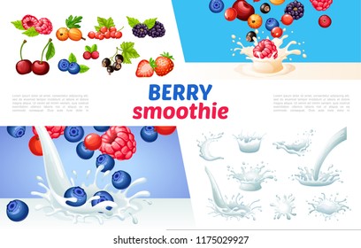 Cartoon berry smoothies concept with milk splashes and drops blueberry raspberry strawberry currants blackberry gooseberry cherry cranberry vector illustration