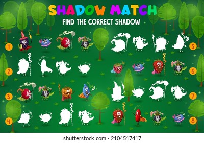 Cartoon berry wizard, mage, warlock and fairy characters, find the correct shadow game worksheet. Vector puzzle, riddle or maze. Shadow match of strawberry, raspberry, blueberry and currant