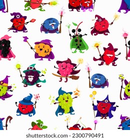 Cartoon berry wizard, magician or mage characters seamless pattern. Vector background with strawberry, blueberry, cloudberry and grapes. Blackberry, bird cherry, honey berry or cranberry or rosehip