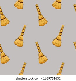 Cartoon besoms for cleaning seamless pattern. Gray background, vector.