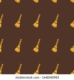 Cartoon besoms for cleaning seamless pattern. Brown background, vector.