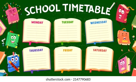 Cartoon bestseller books and textbooks characters on education timetable schedule. Children education weekly classes planner. School education lessons everyday schedule, kids organizer or calendar