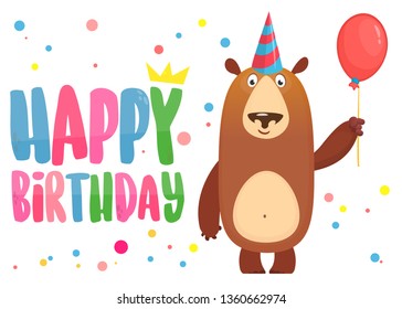 Cartoon bfunny bear holding red balloon. Happy birthday lettering illustration