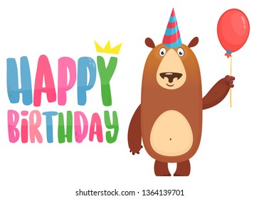 Cartoon bfunny bear holding red balloon. Happy birthday lettering illustration