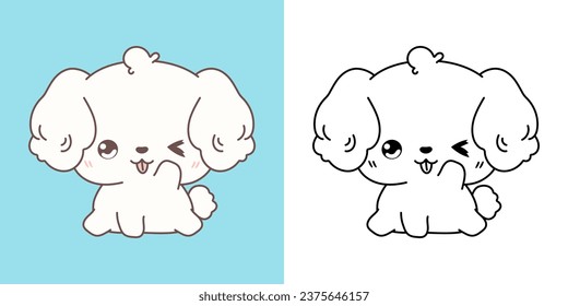 Caricatura Bichon Frise Dog Clipart para Coloring Page e Illustration. Imágenes prediseñadas con dogma aislada. Ilustración vectorial de una mascota Kawaii para pegatinas, impresiones para ropa, ducha para bebés. 