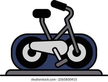 A cartoon bicycle with a chain and pedals. The bicycle is on a track. The bicycle is black and gray