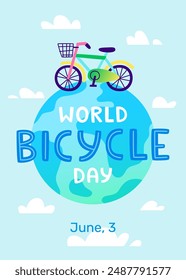 Cartoon bicycle day poster with bike standing on the earth globe. Funny banner with doodle bike.