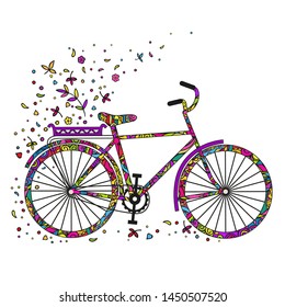 Cartoon bicycle with flowers and leaves. Colorful doodling. Vector isolated on white background.