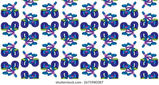 Bicicleta de dibujos animados diseño de patrón sin fisuras. Bicicletas de dibujos animados sin patrón en estilo plano con colores púrpura, azul y verde sobre fondo blanco.