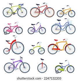 Cartoon bicycles. Different types of bikes for kids and adults, city bike, sport bicycle and unicycle vector set. Sport equipment for cycling activity for transportation, extreme training