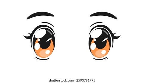 Cartoon big anime eyes with sparkles and lashes. Cute kawaii orange manga anime eyes. Vector illustration