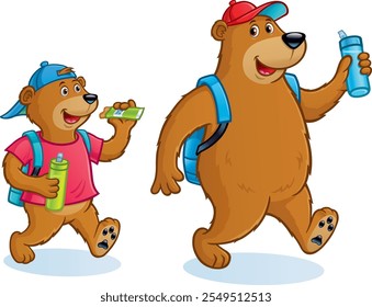 Caricatura de un oso grande y un cachorro de oso caminando con mochilas y gorras de béisbol mientras lleva botellas de agua y el cachorro comiendo una barra de granola.