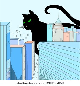 cartoon big black cat in the city