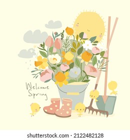 Cartoon Big Bouquet of Flowers with Agriculture Equipment