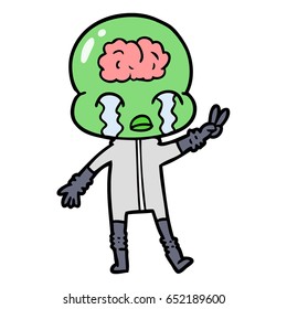 cartoon big brain alien crying and giving peace sign