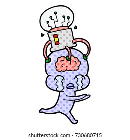 caricatura del gran alien del cerebro llorando con la interfaz del cerebro