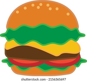 Cartoon Big Burger Icon And Sticker. Burger With Lettuce, Tomato, Cheese And Hamburg Steak. National Hamburger Day Celebration Vector, Illustration, EPS10