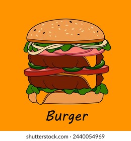 Cartoon big burger on yellow background. Vector fast food illustration 