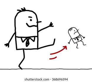 cartoon big businessman kicking out a small man