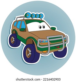 Cartoon Big Car With Spotlights On The Roof For Boys. Small Funny Vector Cute Vehicle With Eyes And Mouth, Funny Auto Icon.  Children Vector Color Illustration For Scrapbook. Comic Character For Kids 