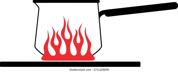 Cartoon big coffee pot with a handle on a red gas stove. Vector image of a kitchen coffee pot on fire. Vector illustration
