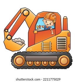 Cartoon big crawler excavator with worker. Construction vehicles. Colorful vector illustration for children.