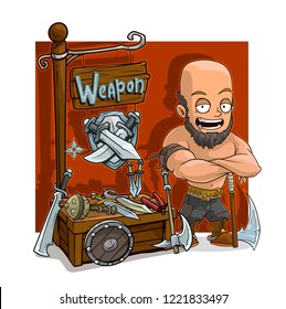 Cartoon big executioner with axe character and steel weapon vendor booth or shop market with text sign. Vector icon for game.
