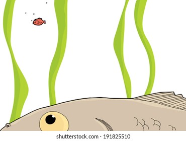 Cartoon of big fish looking at small goldfish