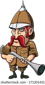 Cartoon big game hunter with pith helmet. Isolated on white