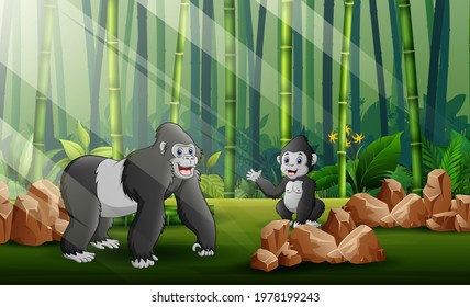 Cartoon a big gorilla with her cub in the forest background