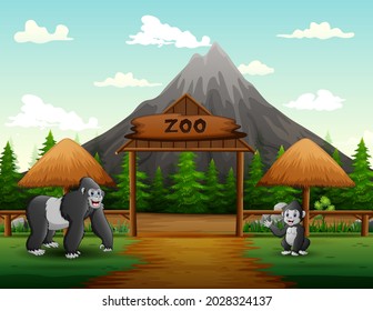 Cartoon a big gorilla with her cub in the zoo open illustration