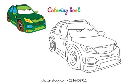 Cartoon Big Green Car For Boys. Small Funny Vector Cute Vehicle With Eyes And Mouth. Comic Character For Kids On White Background. Coloring Page For Children, Color And Linear Illustration.