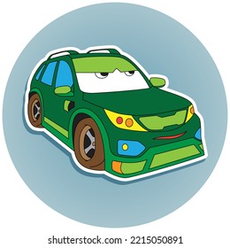 Cartoon Big Green Jeep Car For Boys. Small Funny Vector Cute Vehicle With Eyes And Mouth, Funny Angry Auto Icon.  Children Vector Color Illustration For Scrapbook. Comic Character For Kids.