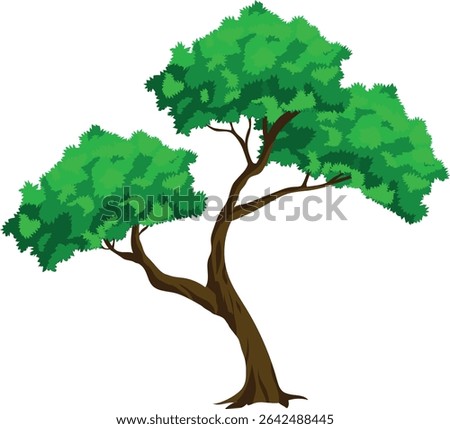 Cartoon Big Green Tree Vector – Isolated Oak with Thick Trunk and Roots for Animation

