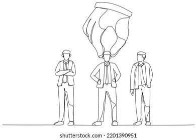 Cartoon of big hand choosing and picking up businessman. Single continuous line art style
