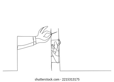 Cartoon of big hand help arab woman build ladder. One line art style
