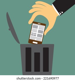 cartoon big hand throw the smartphone in the trash, Scrapping old device concept vector illustration.